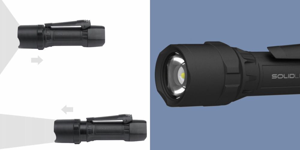 Latarka LEDLENSER Solidline SL10 Czarny białe tło czarna latarka różne rodzaje światła niebieskie tło zbliżenie na głowicę trzy różne tryby jasności Boost Power Low Power dostosowanie intensywności światła system regulacji wiązki szerokie rozproszone oświetlenie intensywnie skupiony snop światła wszechstronne rozwiązanie podczas czytania w sytuacjach wymagających dalekiego zasięgu oświetlenia