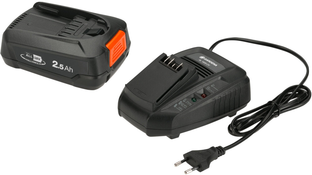 Zestaw GARDENA Ładowarka AL1830 CV + akumulator 18V 2.5Ah 14906-20 kompletny niezawodny system zasilania akumulator ladowarka AL1830 CV wydajnosc wygoda duza kompatybilnosc latwa obsluga pojemnosc