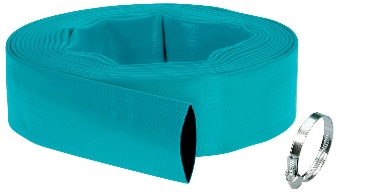 Wąż płaski GARDENA 1 1/2 10 m 5005-20, podlewanie, woda, zasilanie, wąż, na białym tle wąż wraz z zaciskiem