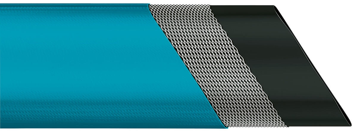 Wąż płaski GARDENA 1 1/2 10 m 5005-20, wymiary, średnica, długość, szerokość, na białym tle przekrój wizualizacyjny budowy węża