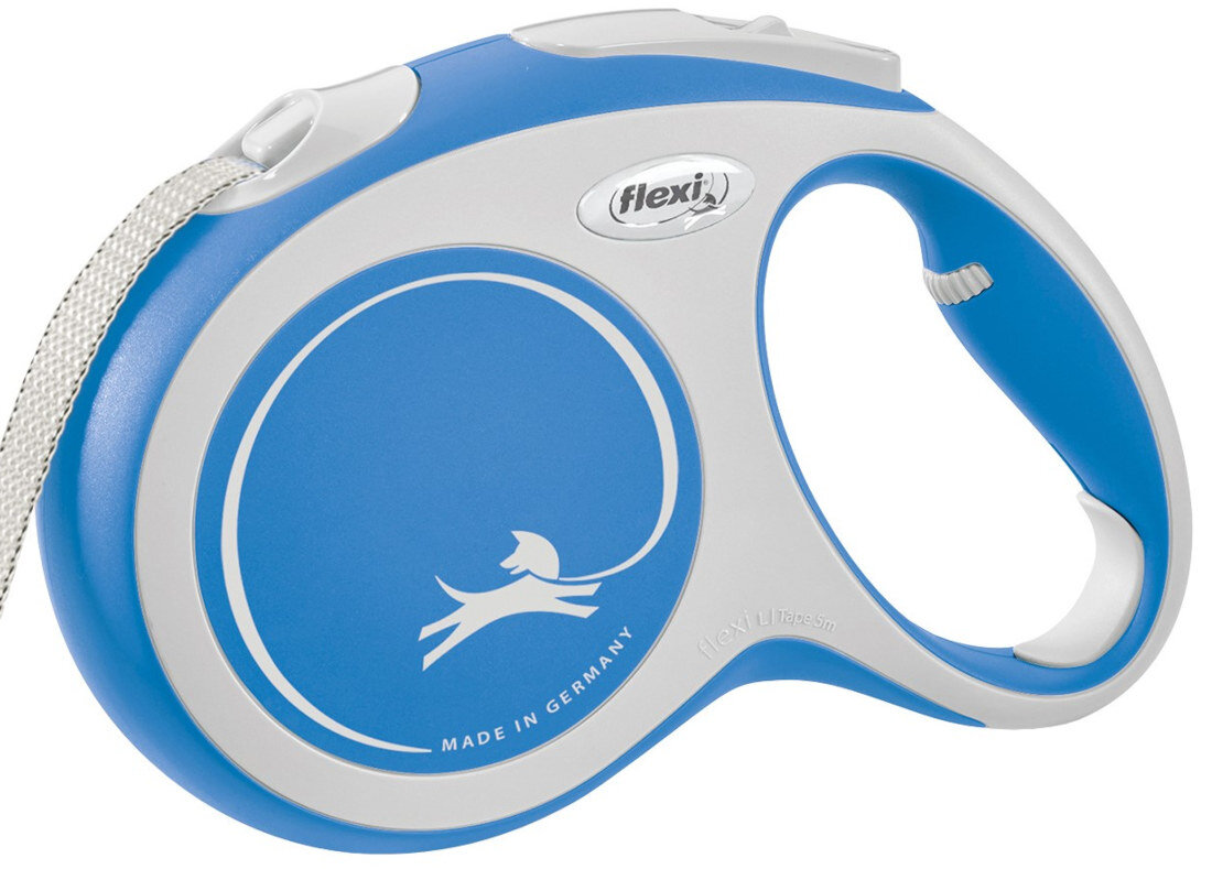 Smycz FLEXI New Comfort L (5 m - 60 kg) Niebiesko-biały Solidne i trwałe wykonanie materiał wysoka jakość bezpieczne dla użytkownika nie powoduje reakcji alergicznych Pewny chwyt stabilność w dłoni komfort użytkowania