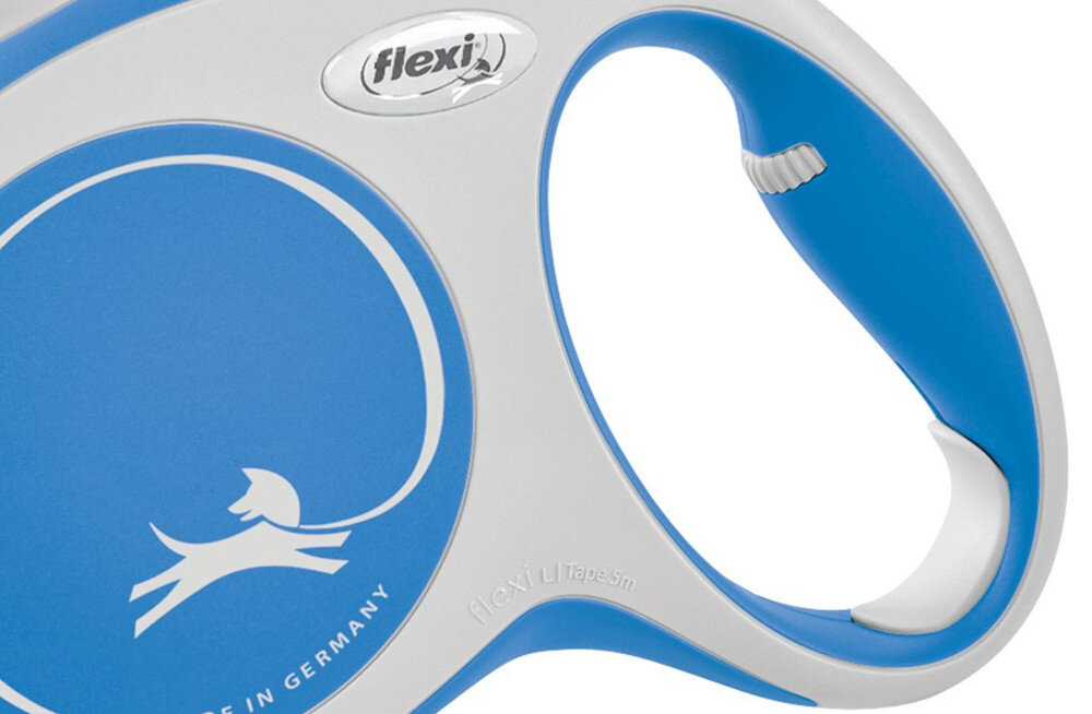 Smycz FLEXI New Comfort L (5 m - 60 kg) Niebiesko-biały Ergonomiczne dopasowanie opływowy kształt solidny uchwyt kontrola ułatwienie Możliwość obsługi jedną ręką ergonomiczna konstrukcja spacery bezpieczeństwo