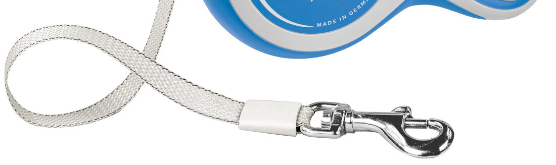 Smycz FLEXI New Comfort L (5 m - 60 kg) Niebiesko-biały funkcjonalna taśma płynne zwijanie i rozwijanie komfort użytkowania przedłuża żywotność