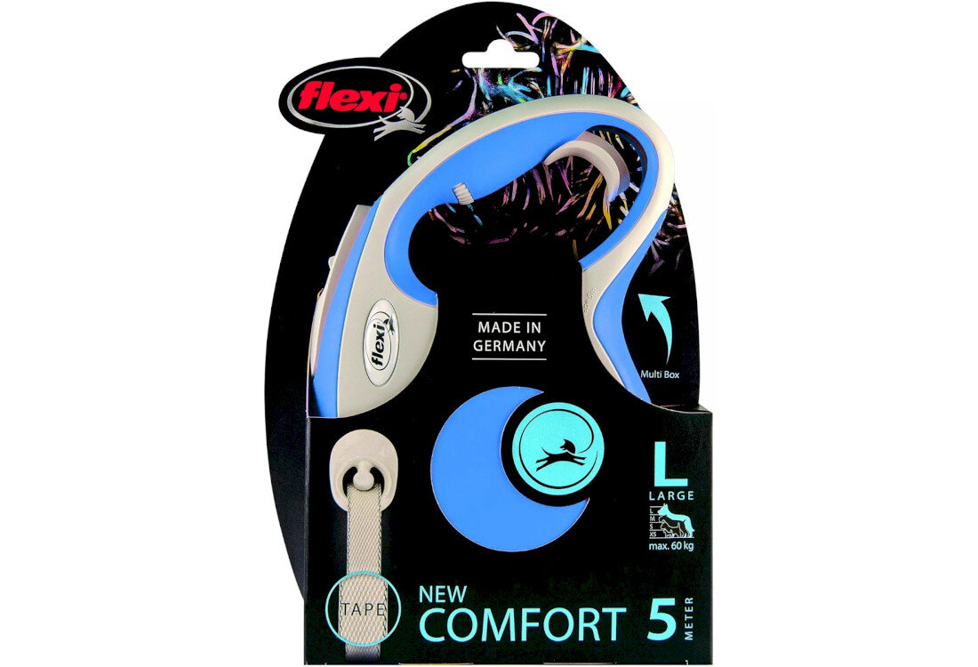 Smycz FLEXI New Comfort L (5 m - 60 kg) Niebiesko-biały Dopasowana do dużych psów przeznaczenie waga chromowany karabińczyk taśma długość waga