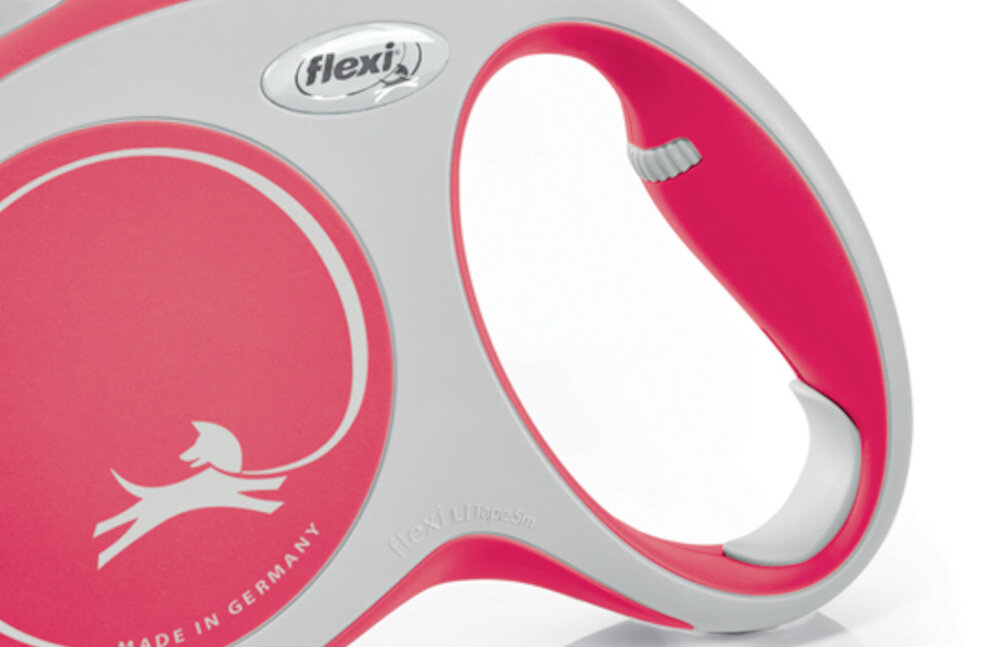Smycz FLEXI New Comfort L (5 m - 60 kg) Czerwono-biały Ergonomiczne dopasowanie opływowy kształt solidny uchwyt kontrola ułatwienie Możliwość obsługi jedną ręką ergonomiczna konstrukcja spacery bezpieczeństwo