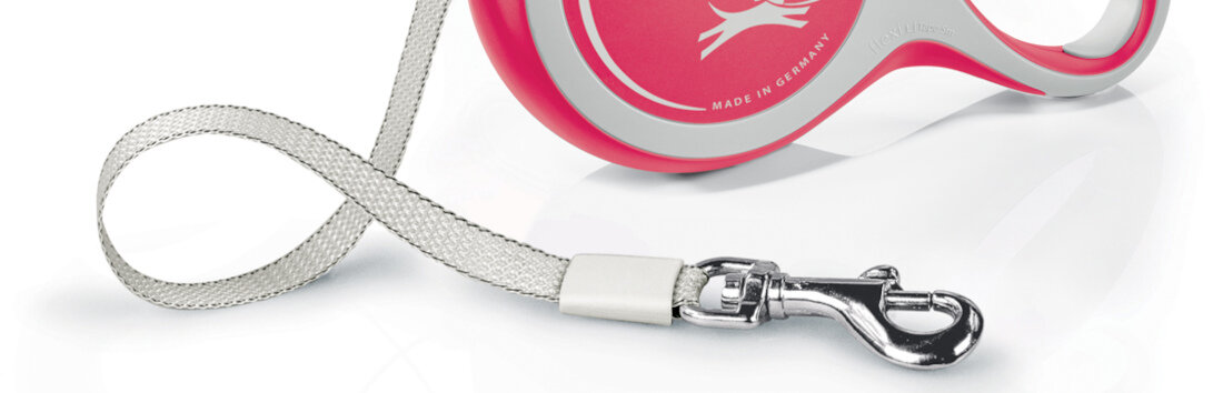 Smycz FLEXI New Comfort L (5 m - 60 kg) Czerwono-biały funkcjonalna taśma płynne zwijanie i rozwijanie komfort użytkowania przedłuża żywotność