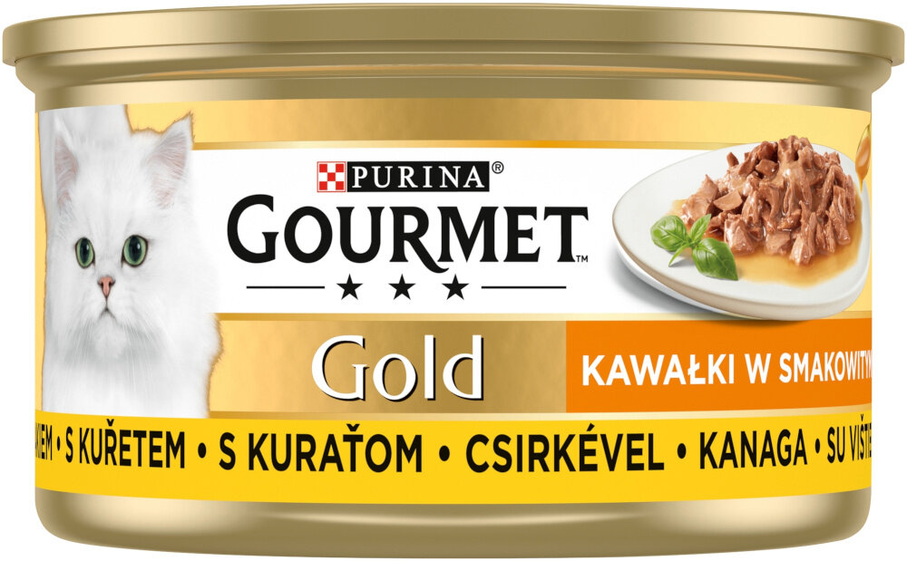 Karma dla kota GOURMET Gold Kawałki w smakowitym sosie z kurczakiem 85 g puszka karmy na białym tle pełnoporcjowe danie w formie smakowitych kąsków aksamitnym, brązowym sosie o wyrazistym smaku i atrakcyjnej konsystencji dla kotów o szczególnie wybrednym podniebieniu