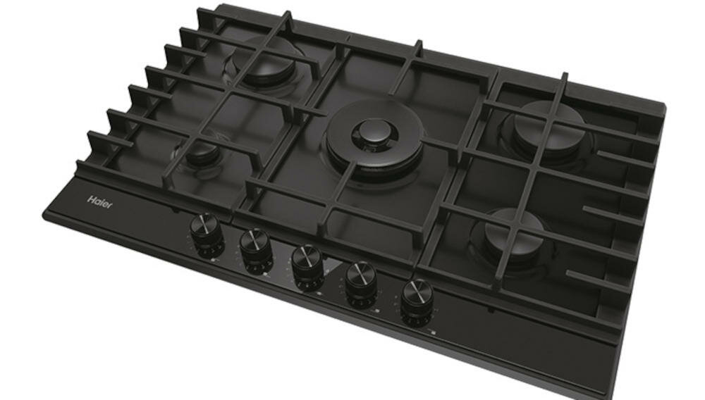 HAIER-HAVG6BF4HB gas on glass minimalistyczny elegancki design szkło żeliwo czarne gładka powierzchnia precyzyjne ustawienia gotowanie płomień
