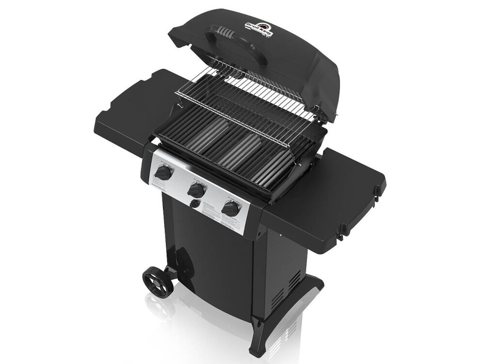 Grill gazowy BROIL KING BK 310 6.9 kW grill z otwartą pokrywą na białym tle widok z góry niewielkie gabaryty wymiary 110 x 123 x 54 cm szereg udogodnień i rozwiązań składane półki boczne żeliwne ruszty paliki tubowe