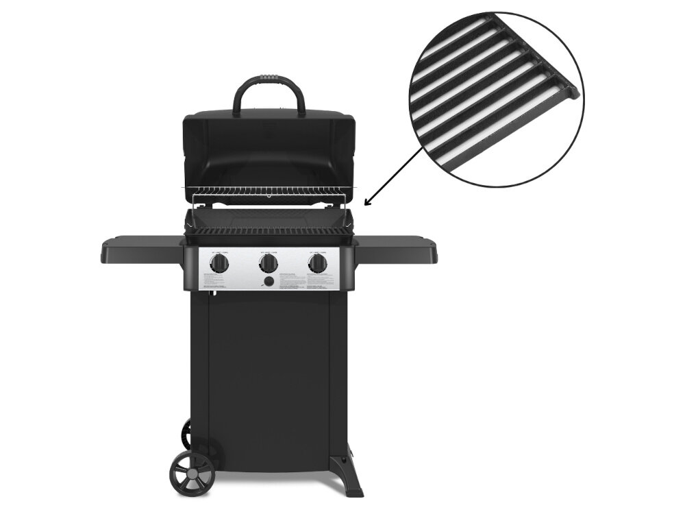 Grill gazowy BROIL KING BK 310 6.9 kW grill z otwartą pokrywą na białym tle obok zdjęcie w kółku ze zbliżeniem na ruszt dwa ruszty wymiary 34 x 53 cm z żeliwa szybko się nagrzewają i długo utrzymują ciepło łatwe do utrzymania w czystości i konserwacji