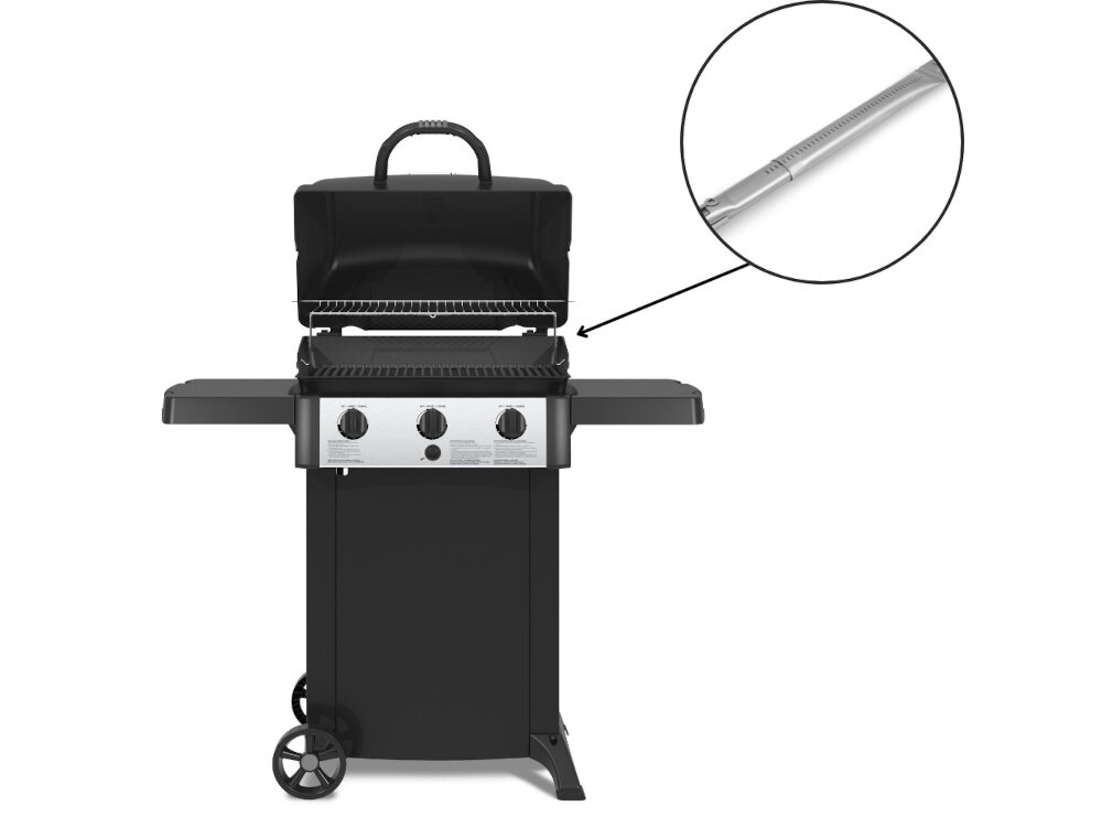 Grill gazowy BROIL KING BK 310 6.9 kW grill z otwartą pokrywą na białym tle obok zdjęcie w kółku ze zbliżeniem na palnik palniki z wysokiej jakości stali szlachetnej odporność na korozję trwałość i estetyczny wygląd po obu stronach otwory dwukrotnie zwiększają liczbę płomieni ciepło jest równomiernie rozprowadzane