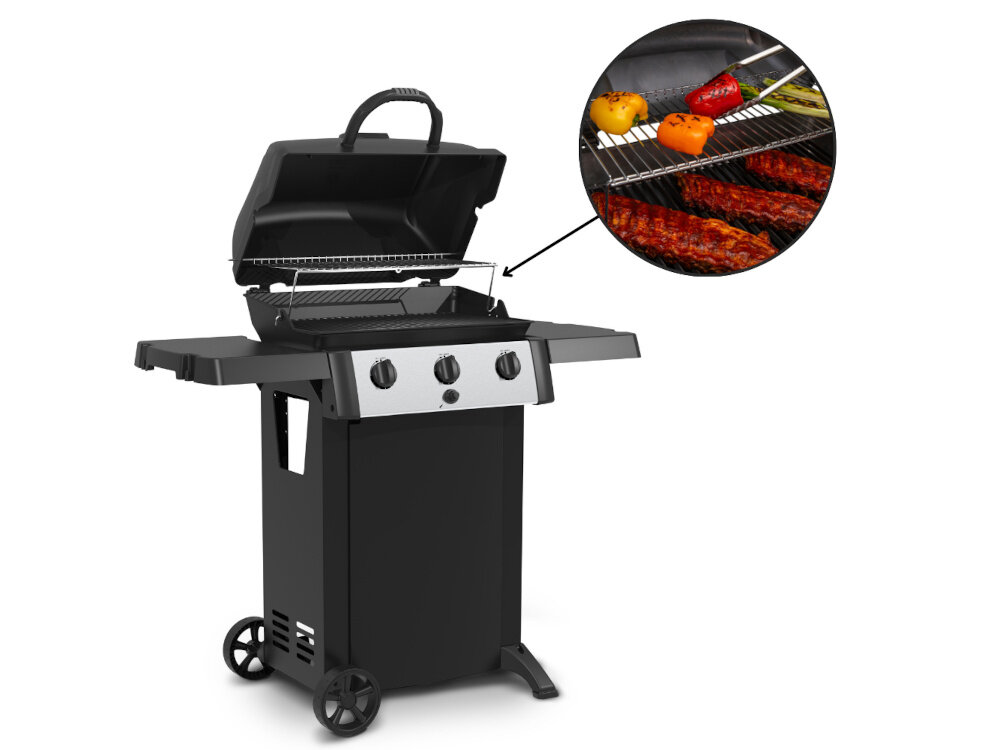 Grill gazowy BROIL KING BK 310 6.9 kW grill z otwartą pokrywą na białym tle obok zdjęcie w kółku ze zbliżeniem na półkę górną wypełnioną jedzeniem górna półka wymiary 21 x 46,5 cm ruchomy mechanizm łatwy dostęp do rusztu