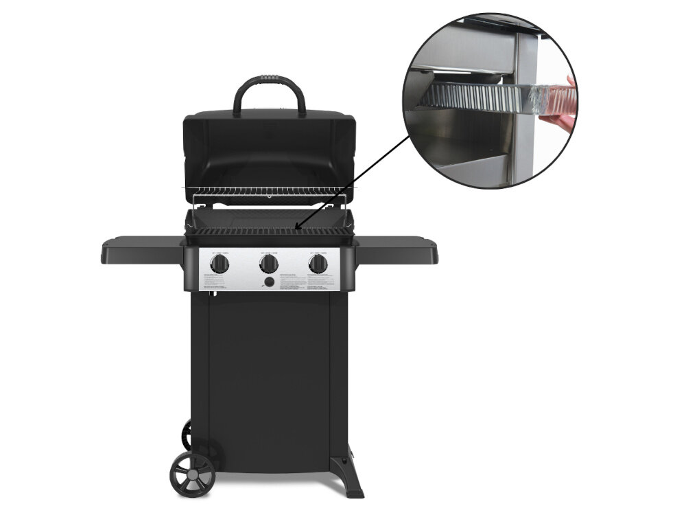 Grill gazowy BROIL KING BK 310 6.9 kW grill z otwartą pokrywą na białym tle obok zdjęcie w kółku ze zbliżeniem na tackę specjalna tacka umieszczona pod piekarnikiem łatwo wysunąć jednym ruchem opróżnić i umyć