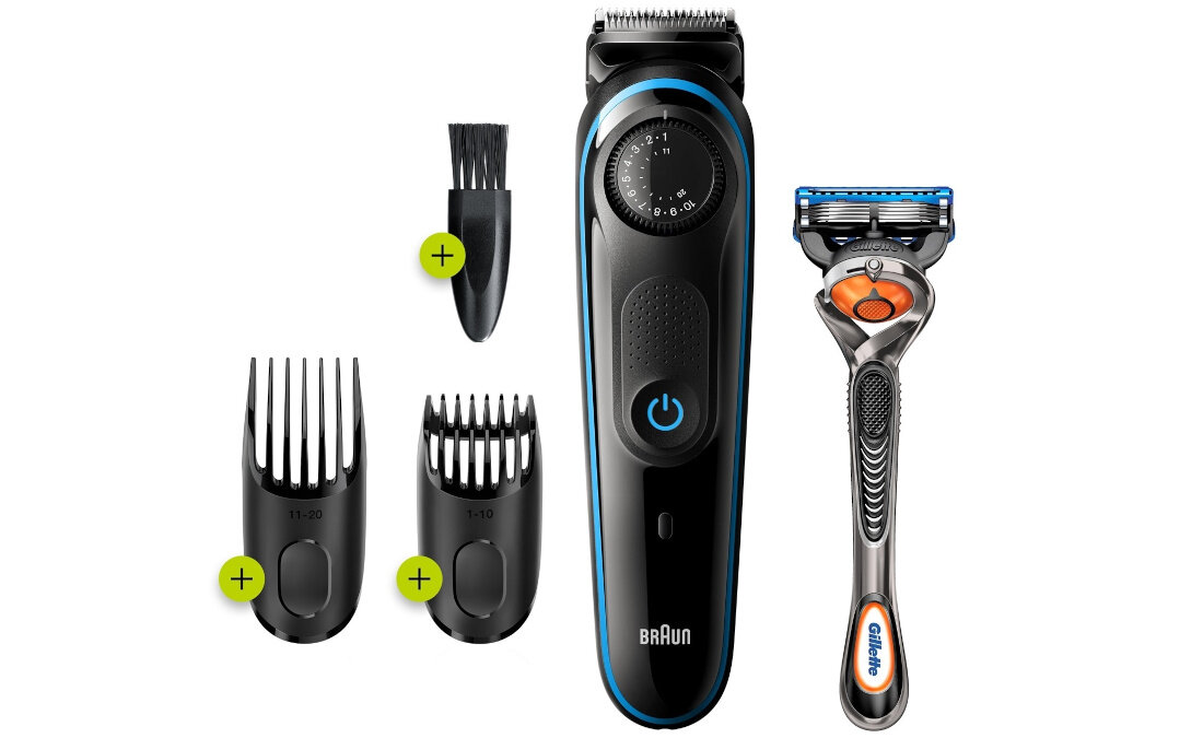Trymer BRAUN BT3240 maszynka gilette 2 nasadki grzebieniowe szczoteczka do czyszczenia ladowarka zestaw wyposazenie komplet akcesoria