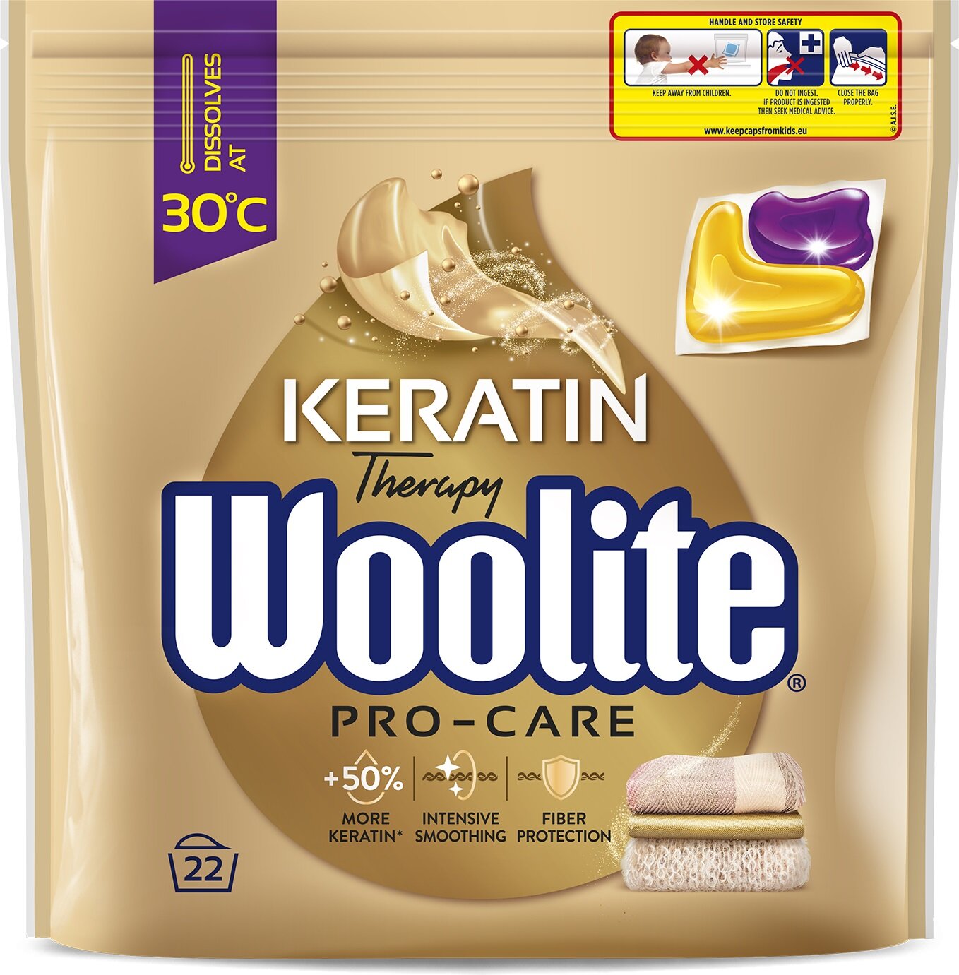 Kapsułki do prania WOOLITE Pro-Care 22 szt z keratyna usuwaja brum plamy do koloru do bialego srodek pioracy