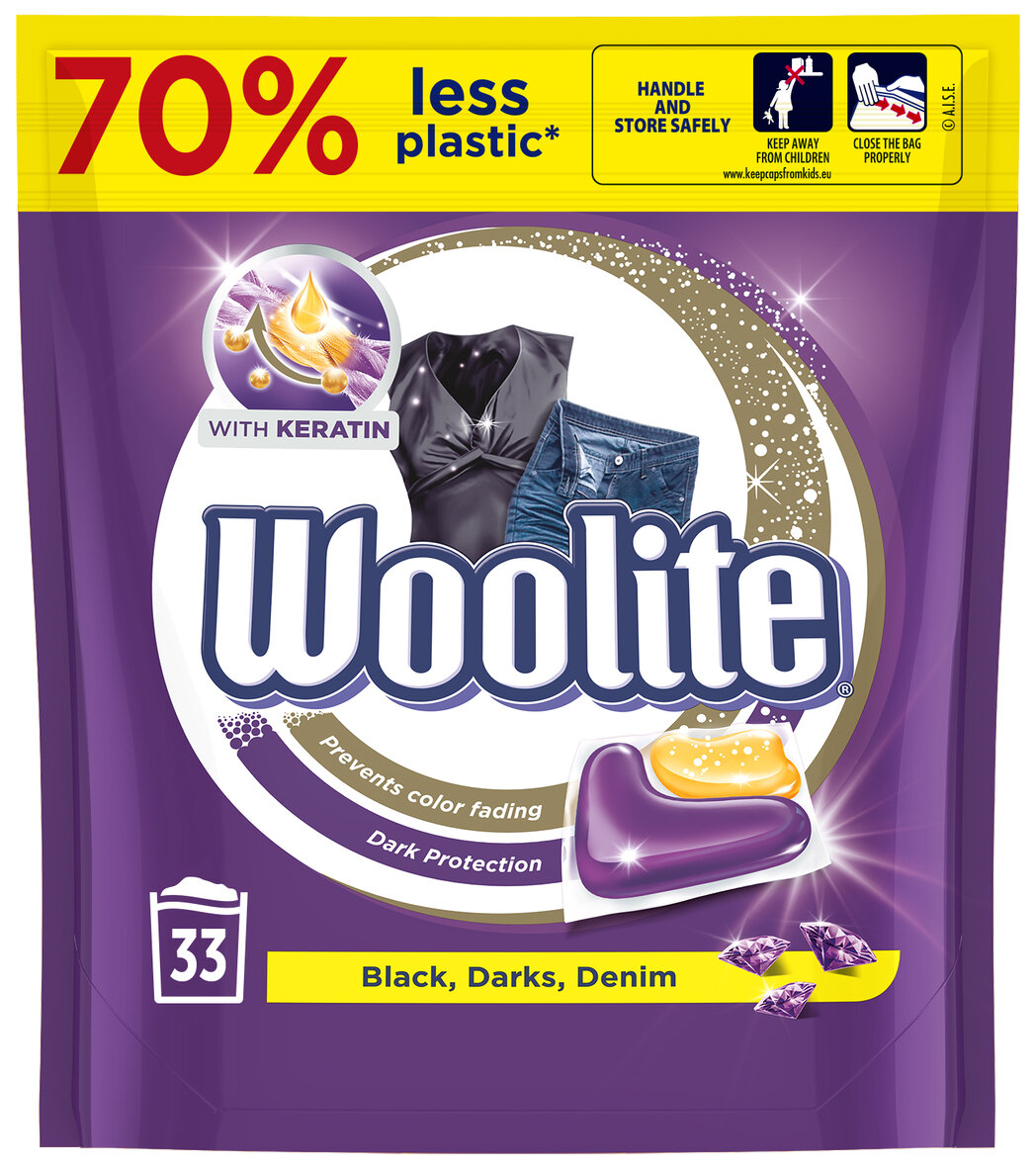 Kapsulki do prania WOOLITE z keratyną 33 szt keratyna wygladza wlokna nadaje blask ochrona przed blaknieciem kolorow tkanin skuteczne pranie intensywnosc ciemnych i czarnych kolorow