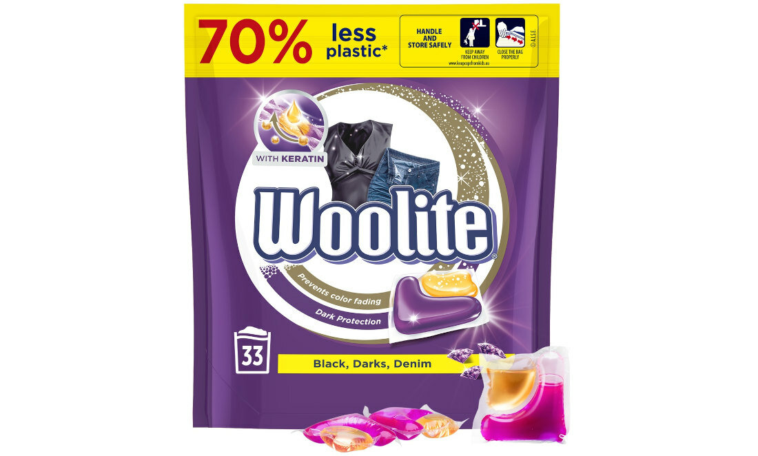 Kapsulki do prania WOOLITE z keratyną 33 szt keratyna wygladza wlokna nadaje blask ochrona przed blaknieciem kolorow tkanin skuteczne pranie intensywnosc ciemnych i czarnych kolorow