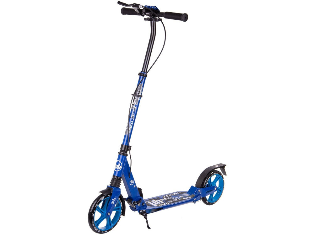Hulajnoga PB Damper Niebieski hulajnoga na białym tle widoczna od przodu pod skosem wygoda funkcjonalność do jazdy rekreacyjnej dla początkujących średniozaawansowanych stabilna konstrukcja duże kółka antypoślizgowy deck wspiera rozwój sprawności fizycznej szybkie przemieszczanie się