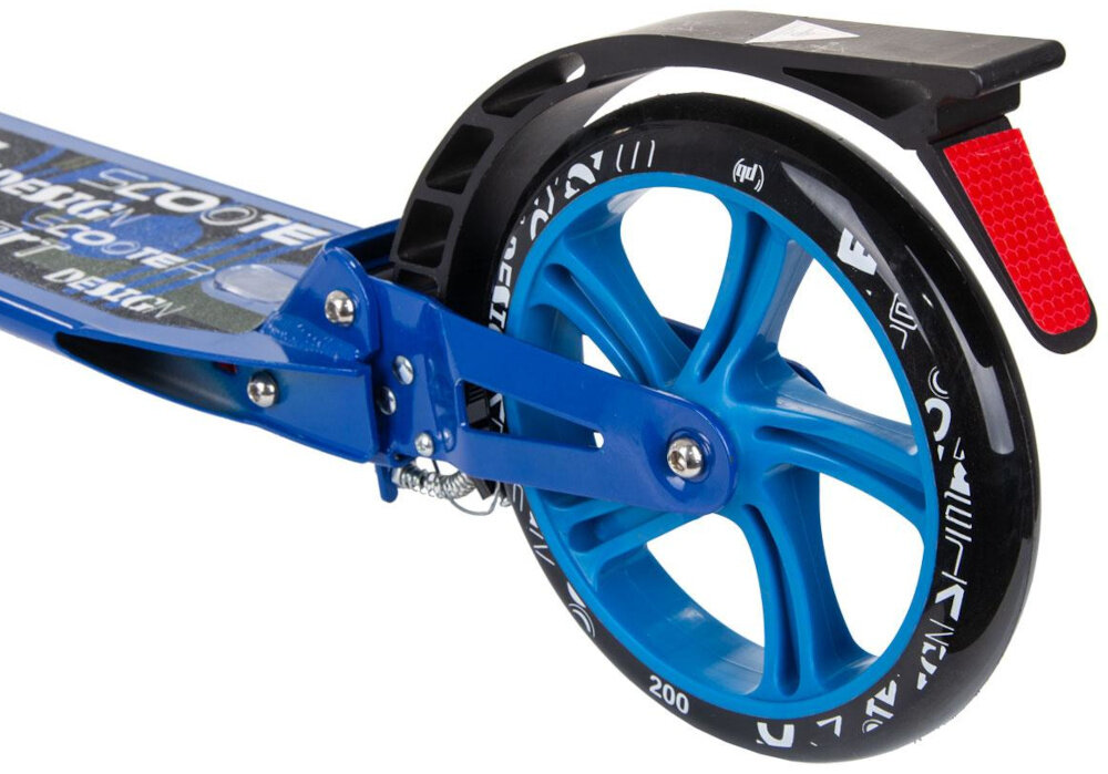 Hulajnoga PB Damper Niebieski zbliżenie na tylny hamulec podwójny system hamulcowy hamulec ręczny i nożny amortyzator tłumi drgania komfort stabilność bezpieczeństwo ułatwia manewrowanie