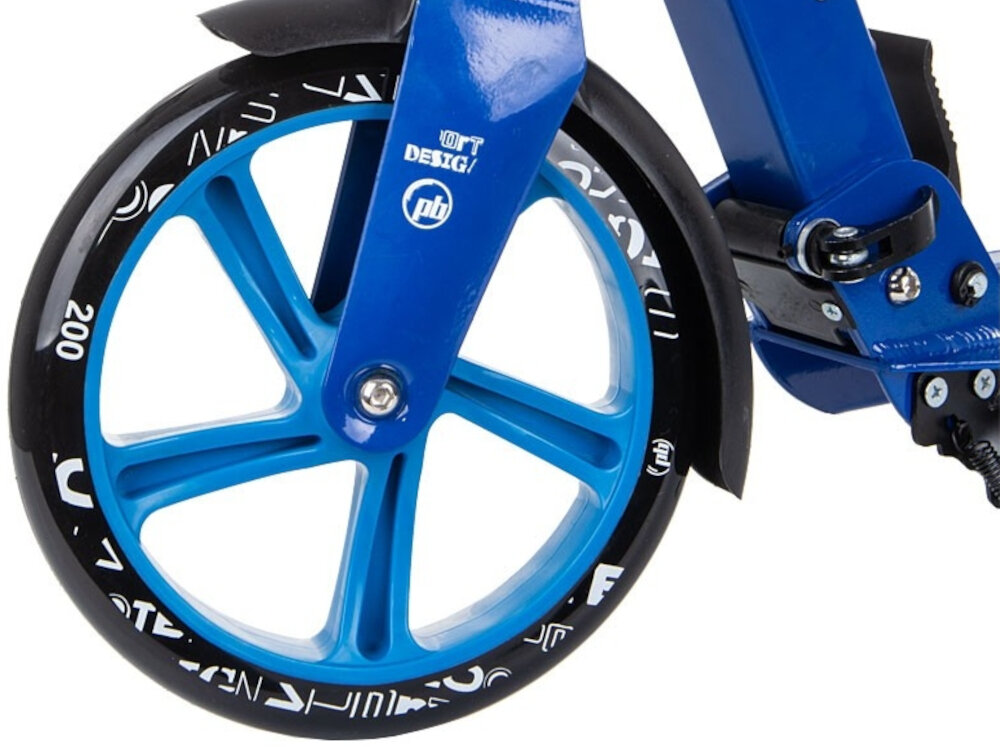 Hulajnoga PB Damper Niebieski zbliżenie na przednie kółko kółka o średnicy 200 mm z poliuretanu (PU) łożyska ABEC-7 Carbon płynność jazdy stabilność ogranicza wibracje komfort duża powierzchnia styku z podłożem