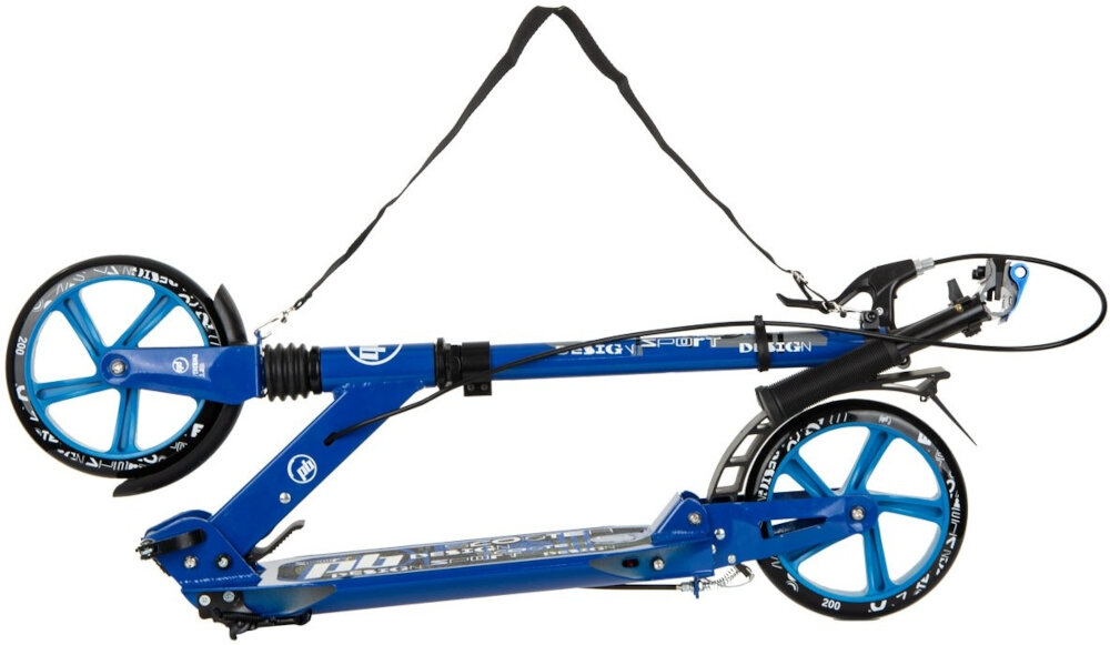 Hulajnoga PB Damper Niebieski złożona hulajnoga na białym tle mechanizm składania lekka konstrukcja waga 5,4 kg składana konstrukcja wraz ze składanymi uchwytami pasek do przenoszenia po złożeniu zajmuje niewiele miejsca