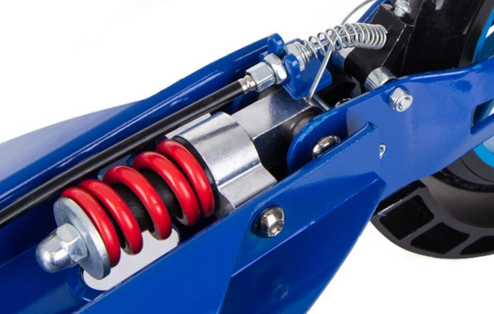 Hulajnoga PB Damper Niebieski zbliżenie na amortyzator przedni i tylny amortyzator redukuje drgania prowadzenie jest stabilniejsze wstrząsy nie przenoszą się bezpośrednio na dłonie i nadgarstki zwiększa komfort jazdy poprawia kontrolę nad pojazdem zmniejsza zmęczenie
