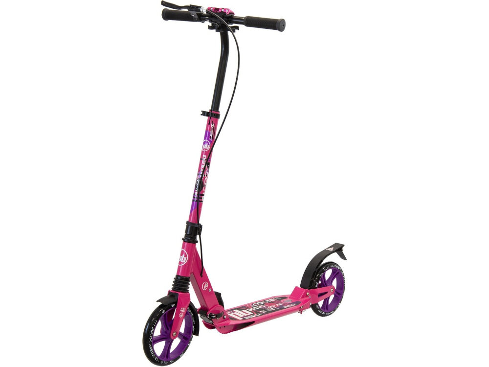 Hulajnoga PB Damper Różowy hulajnoga na białym tle widoczna od przodu pod skosem wygoda funkcjonalność do jazdy rekreacyjnej dla początkujących średniozaawansowanych stabilna konstrukcja duże kółka antypoślizgowy deck wspiera rozwój sprawności fizycznej szybkie przemieszczanie się