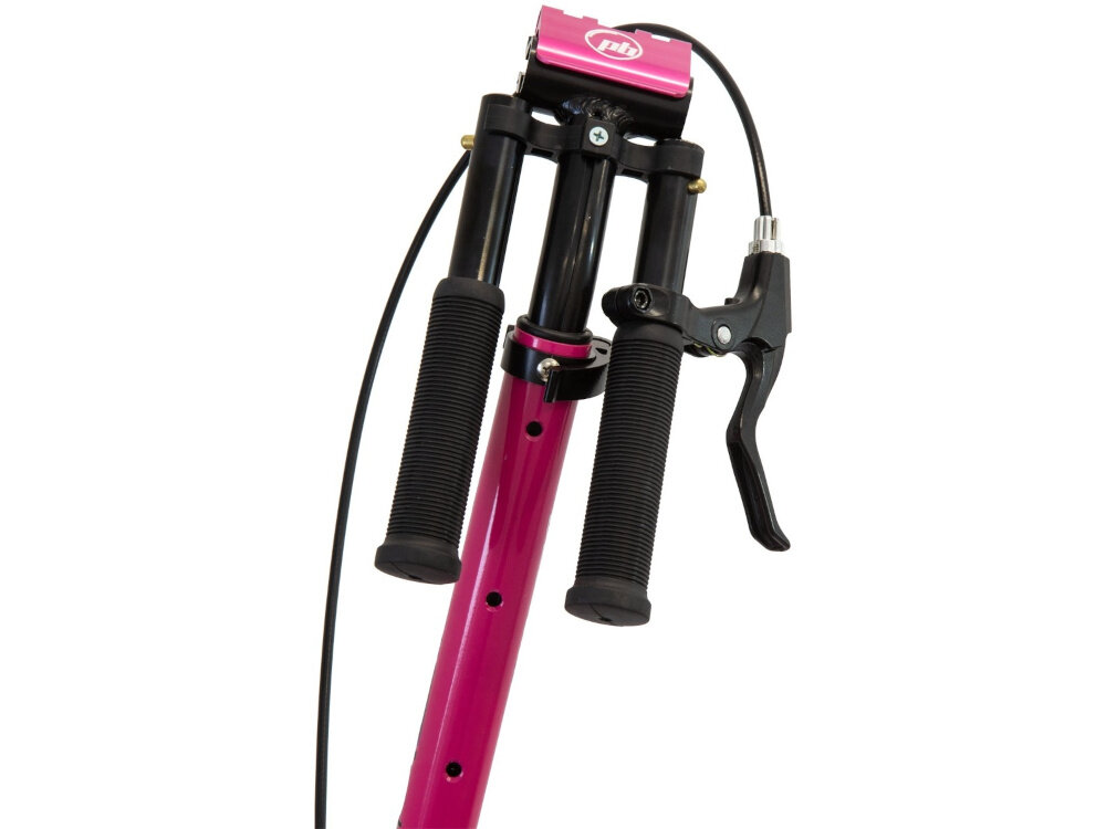 Hulajnoga PB Damper Różowy zbliżenie na kierownicę złożone uchwyty białe tło trzy poziomy wysokości kierownicy zakres regulacji 86-95-102 cm komfort jazdy kontrola nad pojazdem płynne prowadzenie hulajnogi uniwersalność wygoda bezpieczeństwo