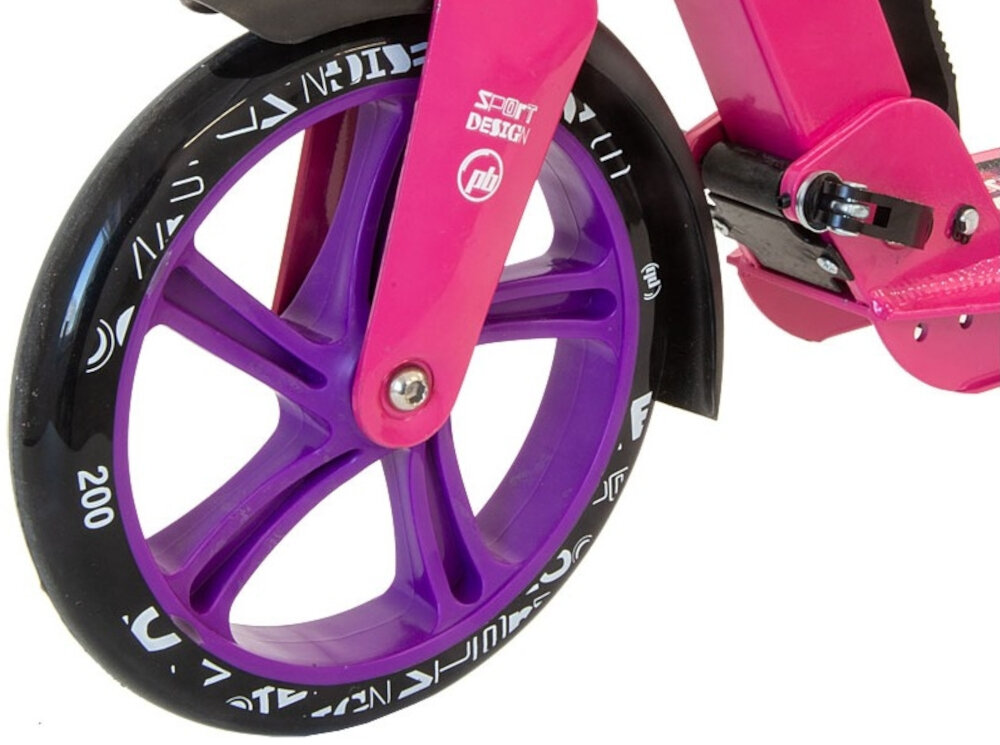 Hulajnoga PB Damper Różowy zbliżenie na przednie kółko kółka o średnicy 200 mm z poliuretanu (PU) łożyska ABEC-7 Carbon płynność jazdy stabilność ogranicza wibracje komfort duża powierzchnia styku z podłożem