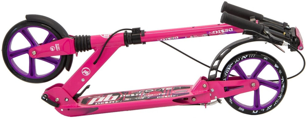 Hulajnoga PB Damper Różowy złożona hulajnoga na białym tle mechanizm składania lekka konstrukcja waga 5,4 kg składana konstrukcja wraz ze składanymi uchwytami pasek do przenoszenia po złożeniu zajmuje niewiele miejsca