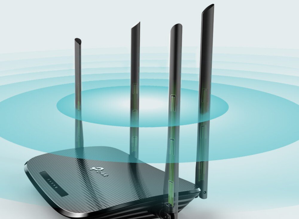 Router TP-LINK Archer VR300 Wizualizacja działania anten routera. Z urządzenia rozchodzą się koncentryczne fale symbolizujące rozprzestrzenianie sygnału Wi-Fi, anteny, sygnał
