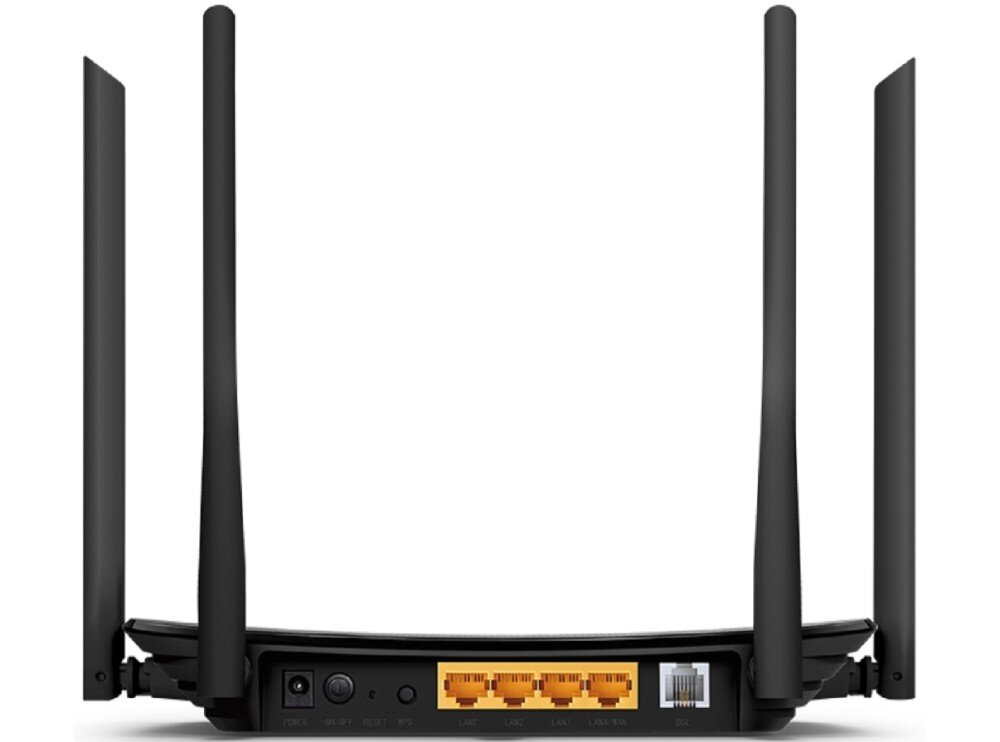 Router TP-LINK Archer VR300 Widok tylnej części routera, ukazujący cztery anteny i panel portów. Widoczne złącza to wejście DSL, trzy porty LAN, jeden port LAN/WAN, przyciski zasilania, resetu i WPS