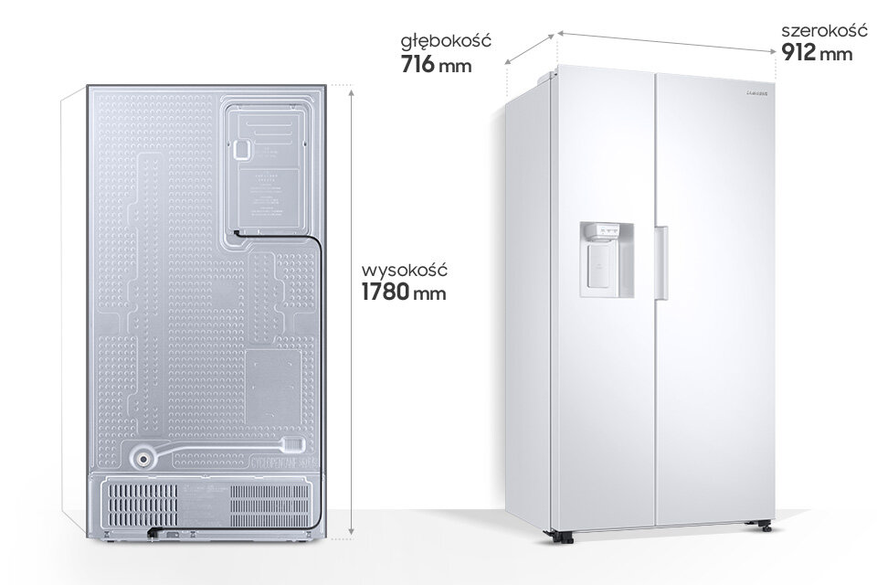 Tył lodówki i półprofil lodówki, do tego opisane wymiary Tył lodówki i półprofil lodówki, do tego opisane wymiary
