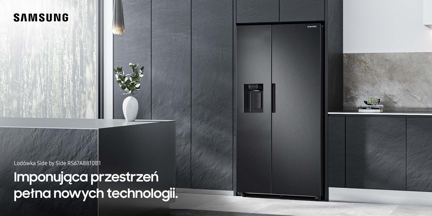 Nowoczesna, surowa kuchnia z dużą dwudrzwiową lodówką Samsung Nowoczesna, surowa kuchnia z dużą dwudrzwiową lodówką Samsung