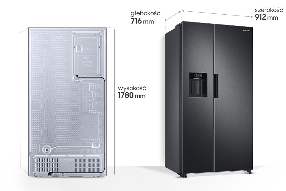 Wymiary lodówki Samsung pokazane na rzucie z tyłu i półprofilu Wymiary lodówki Samsung pokazane na rzucie z tyłu i półprofilu