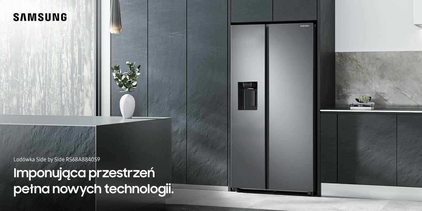 Nowoczesna kuchnia w surowym stylu i lodówka Samsung side-by-side Nowoczesna kuchnia w surowym stylu i lodówka Samsung side-by-side