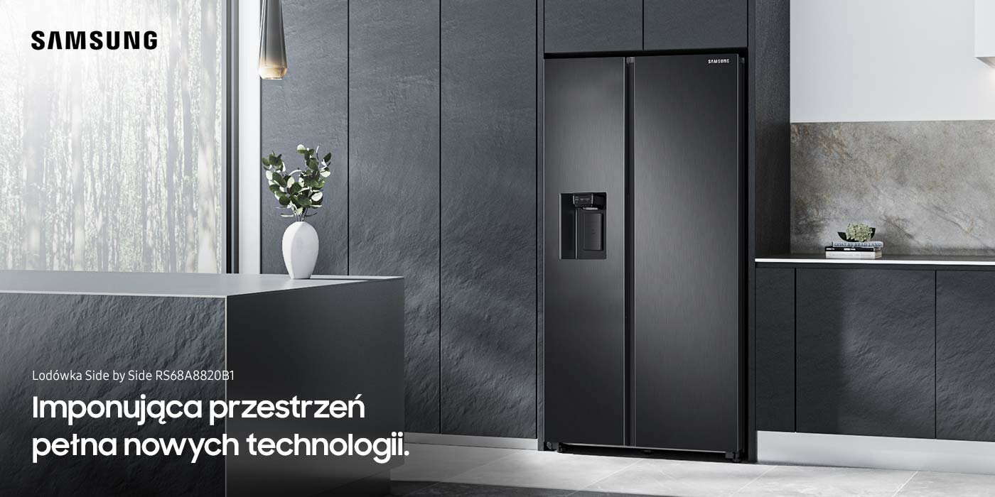 Nowoczesna kuchnia z surowymi kamiennymi meblami i dwudrzwiową lodówką Samsung Nowoczesna kuchnia z surowymi kamiennymi meblami i dwudrzwiową lodówką Samsung