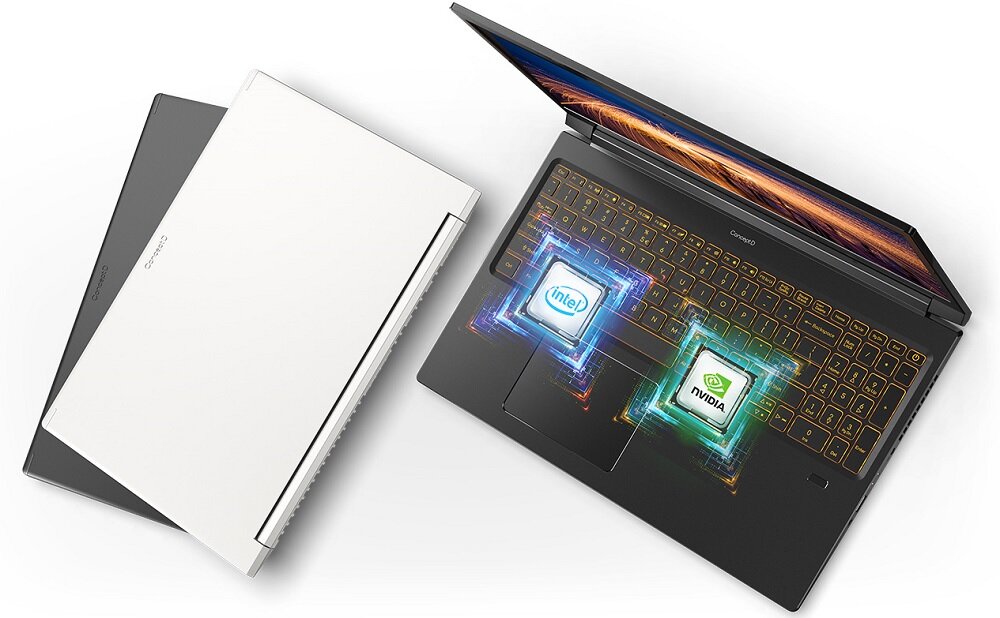 Obraz przedstawia dwa laptopy, jeden zamknięty w kolorze białym, drugi otwarty z widoczną klawiaturą i ekranem. Na ekranie otwartego laptopa widoczne są loga \'Intel\' i \'NVIDIA\'.