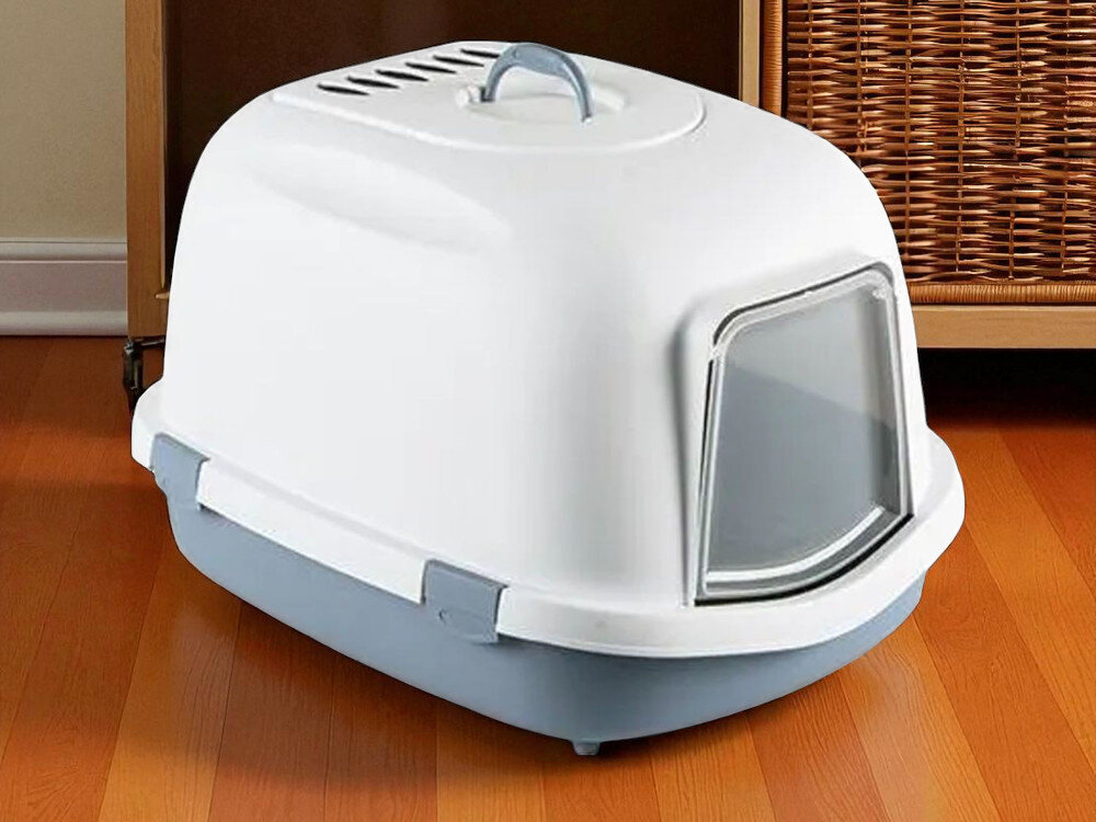 Kuweta dla kota STEFANPLAST MS 15938 Jumbo Niebieski postawiona na podłodze w domu w tle meble rośliny