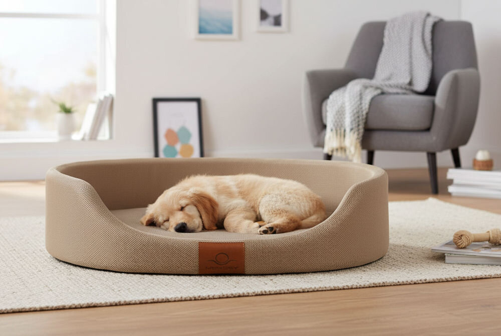 Legowisko dla psa ZOLUX Memory Moka 60 cm poliester zdejmowany pokrowiec łagodzi ból stawów wygoda wsparcie zdrowia 60x46x17,5 cm Szczeniak golden retriever śpi zwinięty w beżowym, owalnym legowisku z niskim rantem. Legowisko stoi na jasnym dywaniku i drewnianej podłodze w nowoczesnym, jasnym salonie.