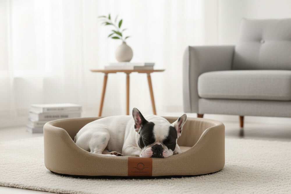 Legowisko dla psa ZOLUX Memory Moka zdejmowany pokrowiec pralnia w 30 stopniach higiena antyalergiczne dom z dziećmi 60x46x17,5 cm Biało-czarny buldog francuski śpi spokojnie w beżowym, owalnym legowisku. Legowisko stoi na jasnym, włochatym dywanie w eleganckim, minimalistycznym salonie z szarym fotelem.