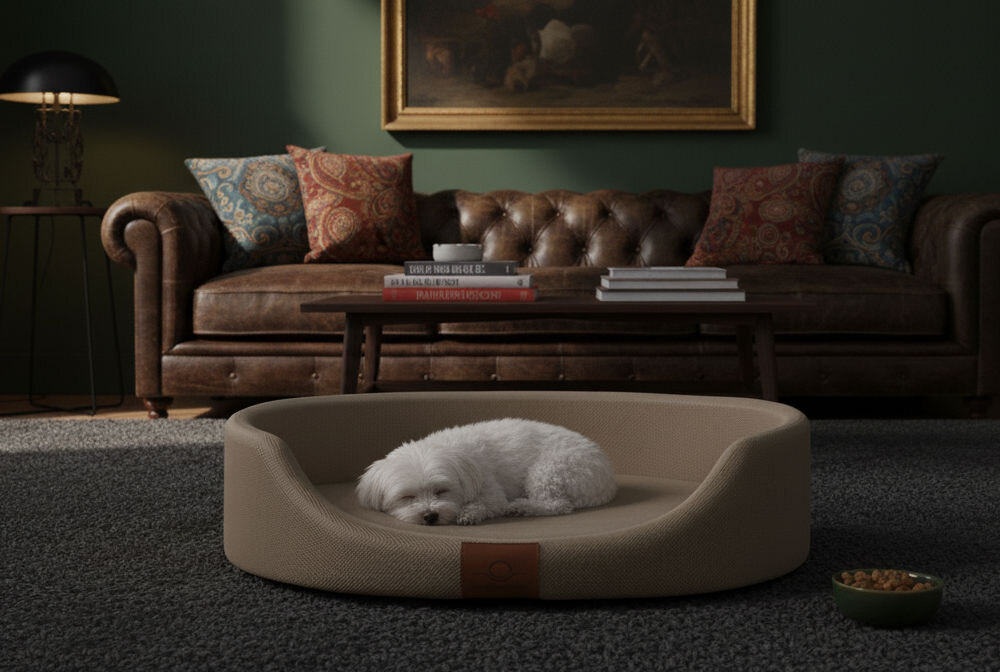 Legowisko dla psa ZOLUX Memory Moka wsparcie senior rekonwalescencja redukcja nacisku bezpieczny sen zdrowie 60x46x17,5 cm Biały maltańczyk śpi w beżowym legowisku na ciemnym dywanie. W tle widać klasyczny, ciemny salon z brązową, skórzaną kanapą chesterfield i obrazem w złotej ramie.