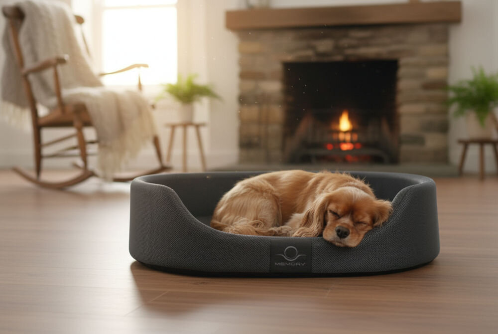 Legowisko dla psa ZOLUX Memory Moka 60 cm poliester zdejmowany pokrowiec łagodzi ból stawów wygoda wsparcie zdrowia 60x46x17,5 cm Cocker spaniel Cavalier King Charles o rudym umaszczeniu śpi wygodnie w szarym legowisku MEMORY. W tle widoczny przytulny salon z płonącym kominkiem z kamienia i drewnianym fotelem bujanym.