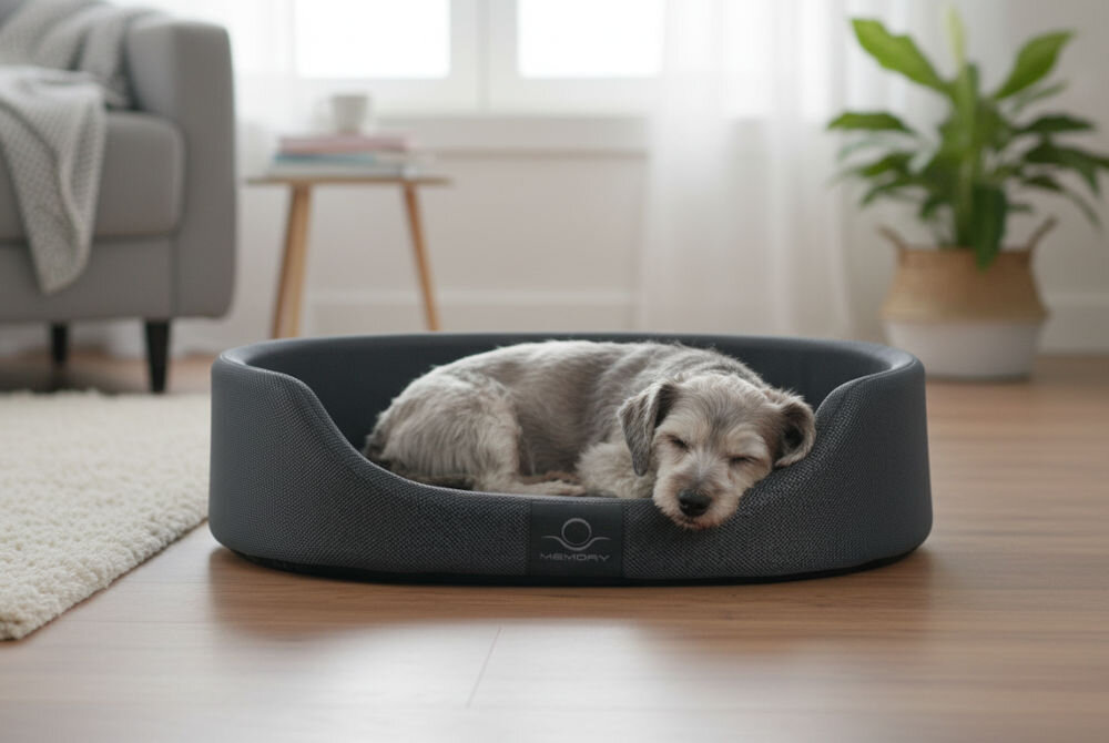 Legowisko dla psa ZOLUX Memory Moka 100% poliester miękkie na stawy komfortowe wymiary 60x46x17,5 cm Szary terier o puszystej sierści śpi zwinięty w ciemnoszarym legowisku na drewnianej podłodze. Na przodzie legowiska widoczna jest etykieta z napisem MEMORY.