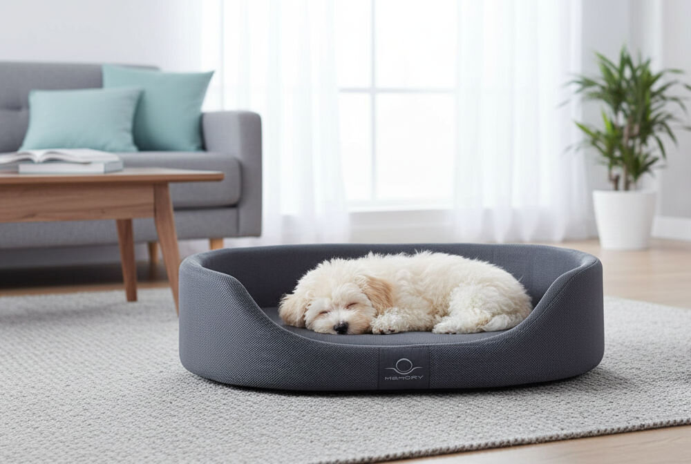 Legowisko dla psa ZOLUX Memory Moka zdejmowany pokrowiec pralnia w 30 stopniach higiena antyalergiczne dom z dziećmi 60x46x17,5 cm Mały, biały, kędzierzawy pies (prawdopodobnie Maltańczyk lub Pudel) śpi spokojnie w owalnym, szarym legowisku MEMORY na jasnym dywanie. W tle widać nowoczesny salon z szarą sofą i dużym oknem.