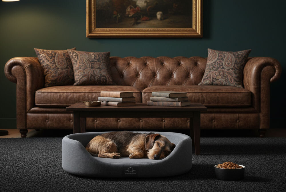 Legowisko dla psa ZOLUX Memory Moka wsparcie senior rekonwalescencja redukcja nacisku bezpieczny sen zdrowie 60x46x17,5 cm Jamnik lub mały terier o brązowo-czarnej sierści śpi w szarym legowisku z niskim wejściem. W tle klasyczny salon z ciemnozielonymi ścianami i brązową, skórzaną sofą Chesterfield. Obok legowiska stoi miska z karmą.