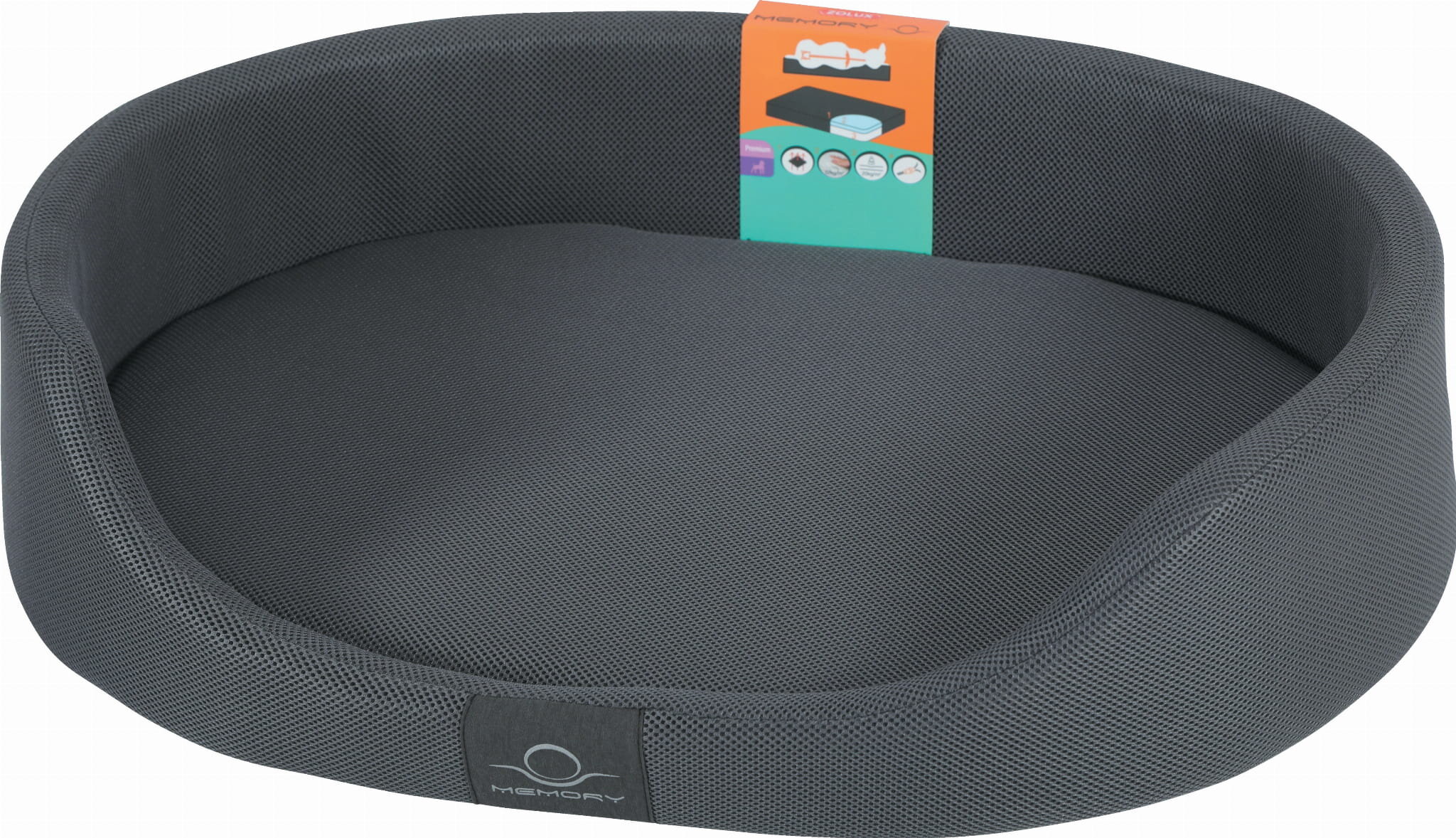 Legowisko dla psa ZOLUX Memory Moka S Zdjęcie produktowe ciemnoszarego, owalnego legowiska dla psa z pianką MEMORY (pamięcią kształtu). Widoczna siateczkowa struktura materiału, etykieta z napisem MEMORY oraz kartonowa zawieszka informująca o właściwościach produktu.
