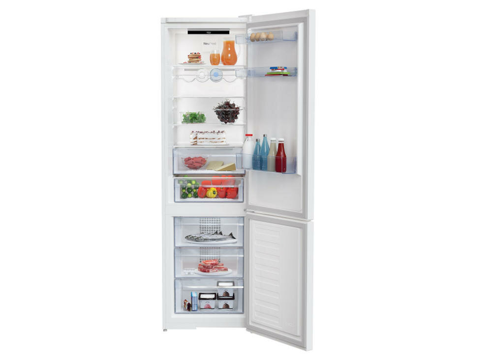 BEKO-RCNA406E60WN chłodziarka zamrażarka lodówka funkcjonalna rodzinna no frost przechowywanie półki pojemniki szuflady alarm otwarte drzwi zmiana kierunku otwierania tryb wakacyjny