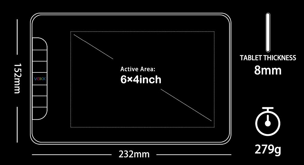 Tablet graficzny VEIKK VK640 rozmiar