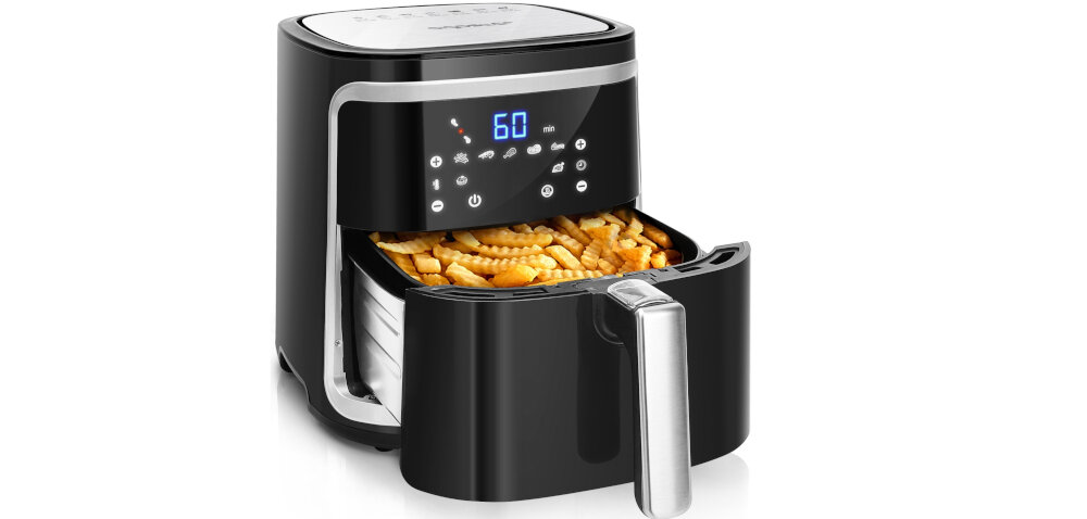 Frytkownica beztłuszczowa AIGOSTAR 300010IBT Air Fryer specyfikacja cyrkulacja powietrza niska zawartosc tluszczu niska ilosc kalorii duza pojemnosc zabezpieczenie bezpieczenstwo programy